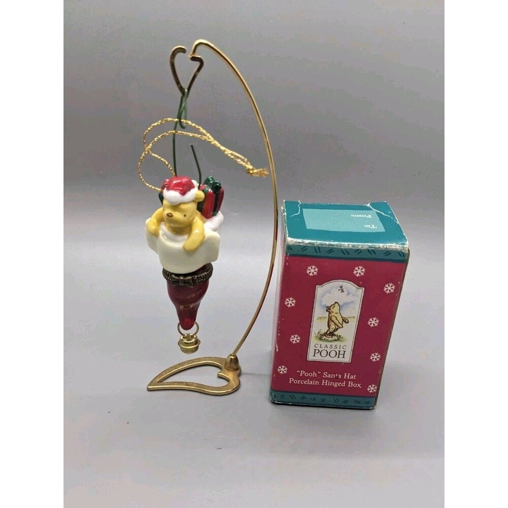 Classic Pooh Santa Hat Christmas Ornament Porcelain Hinged Box Disney Imperfect